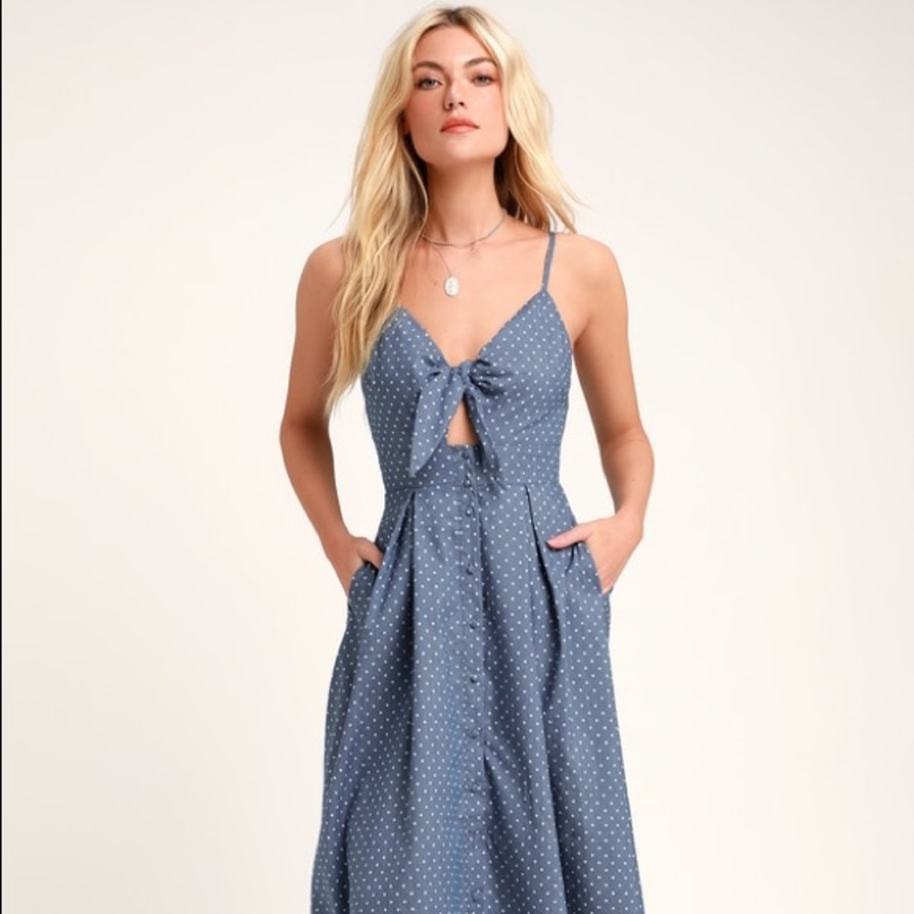 Bonnie Bell Blue/White Polka Dot Midi Flare Dress